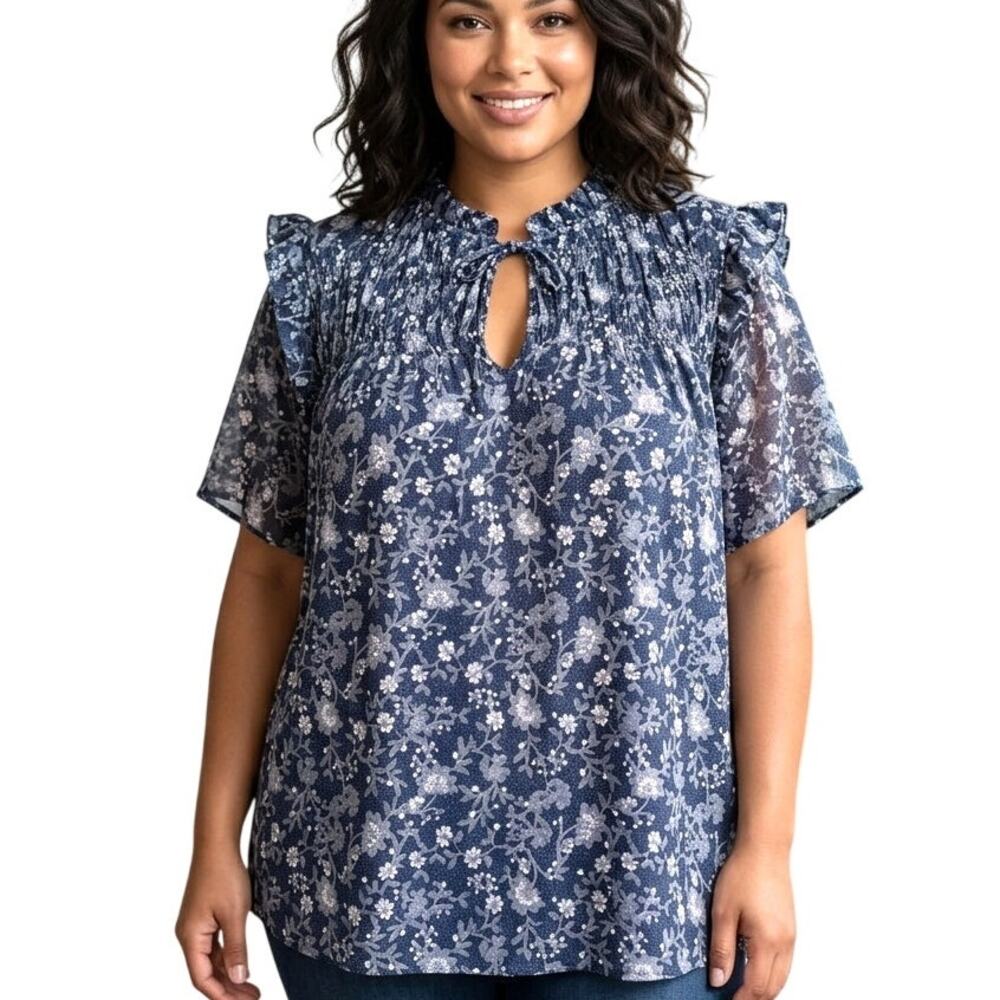 Lucky Brand Peasant Top Womens Size 1X Blue Floral Smocked Modal Cotton Flowy